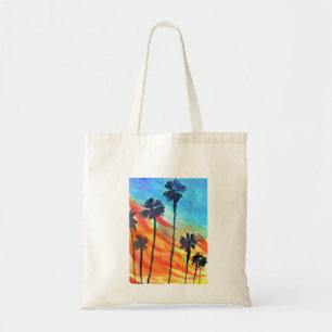 Sunset Palm trees beach surf art Tote Bag