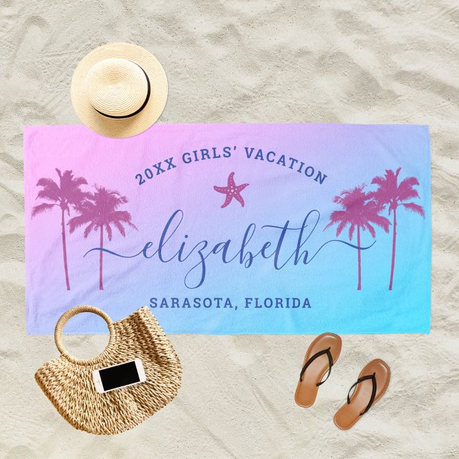 Sunset Palm Trees Blue Girls Vacation Custom Beach Towel (Creator Uploaded)