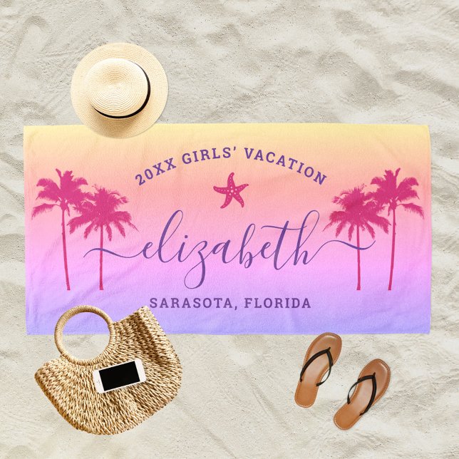 Sunset Palm Trees Custom Purple Girls Vacation Beach Towel (Creator Uploaded)