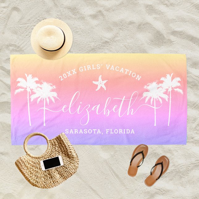 Sunset Palm Trees Girls Vacation Custom Name Beach Towel (Creator Uploaded)
