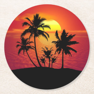 Sunset Palm Trees Silhouette Design-65143 Round Paper Coaster