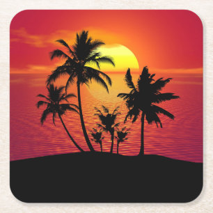 Sunset Palm Trees Silhouette Design-65143 Square Paper Coaster