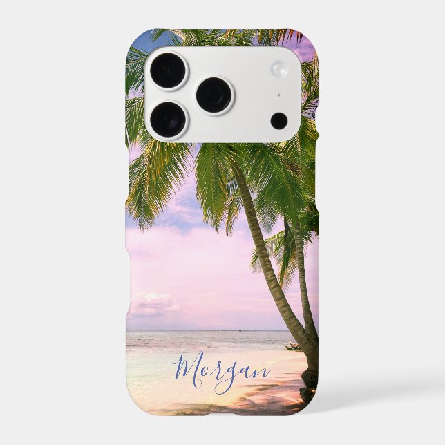 Sunset Palm Trees, Your Photo, Name Blue Script iP (Back)