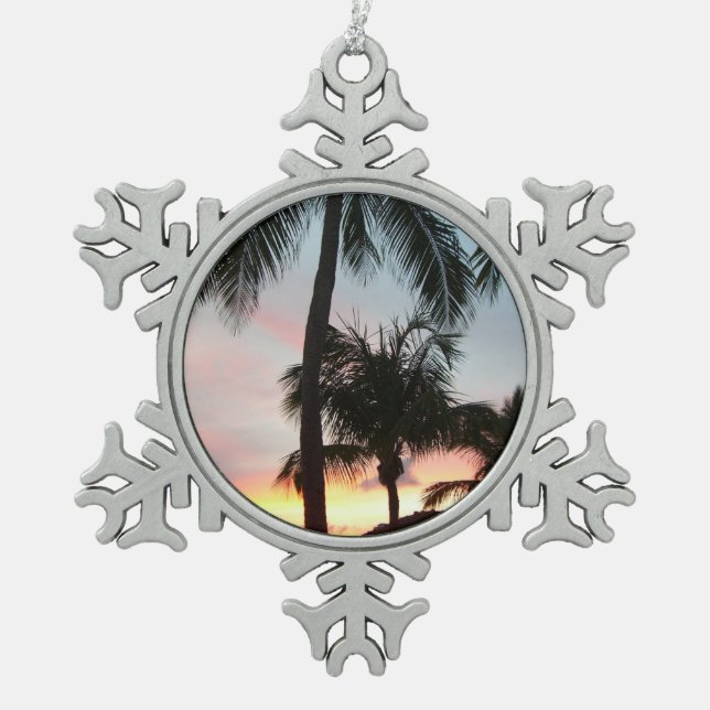 Sunset Palms Tropical Landscape Photography Snowflake Pewter Christmas Ornament (Front)