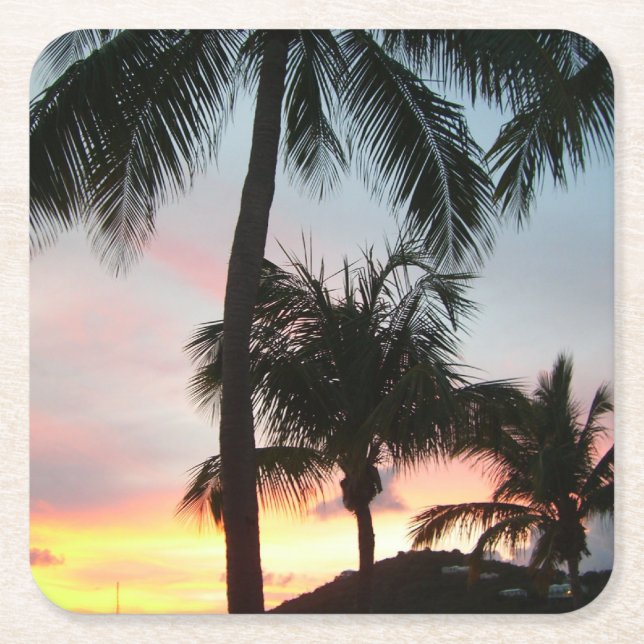 Sunset Palms Tropical Landscape Photography Square Paper Coaster (Front)