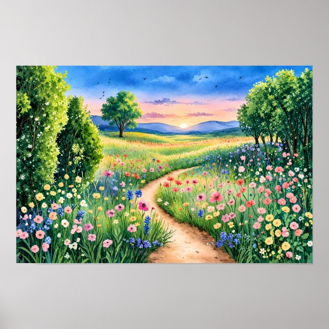 Sunset Path Through a Wildflower Meadow Poster (Front)