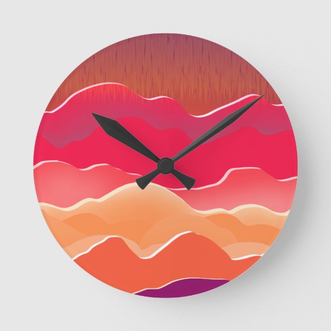 Sunset Peaks Modern Paper Collage Art Round Clock (Front)