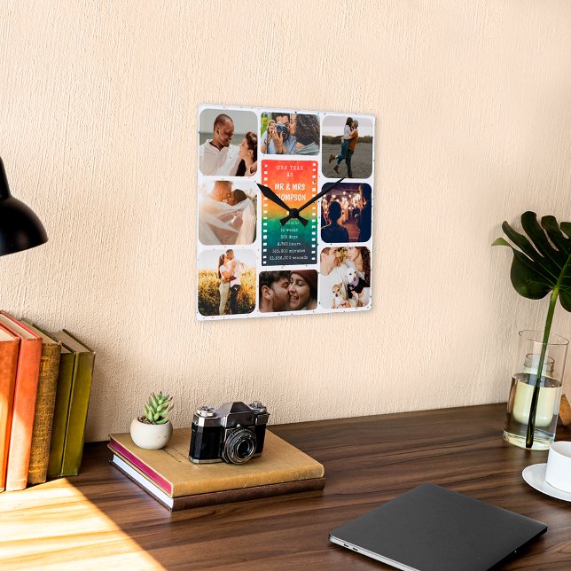 Sunset Photo Collage Mr and Mrs 1st Anniversary Square Wall Clock (Creator Uploaded)