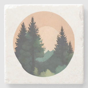 Sunset Pines – Tranquil Mountain Landscape Art Stone Coaster