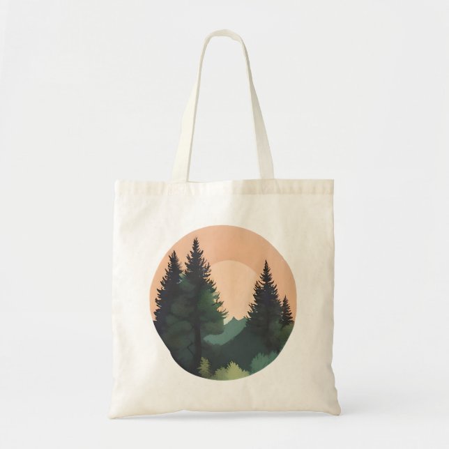 Sunset Pines – Tranquil Mountain Landscape Art Tote Bag (Front)