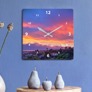 Sunset pink blue clouds modern photo beautiful square wall clock