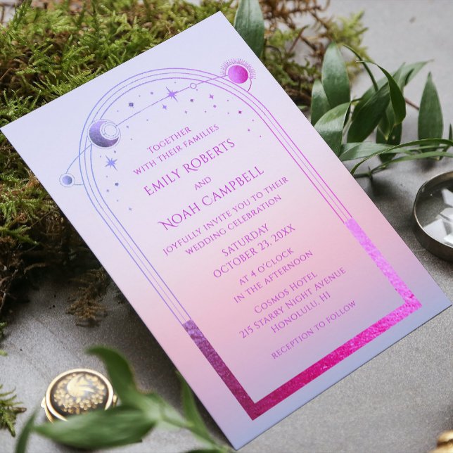 Sunset Pink Celestial Sun Moon Stars Photo Wedding Invitation (Creator Uploaded)