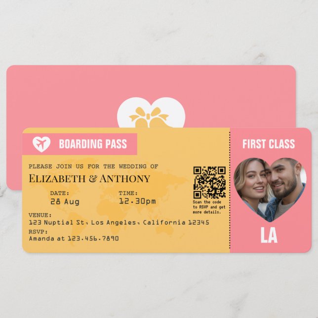 Sunset Pink & Goldenrod Boarding Pass Wedding Invitation (Front/Back)