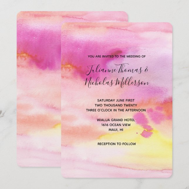 Sunset Pink Peach Yellow Watercolor Invitation (Front/Back)