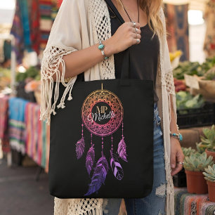 Sunset Pink & Purple Boho Dreamcatcher Custom Name Tote Bag