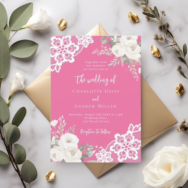 Sunset pink roses lace wedding invitation (Creator Uploaded)