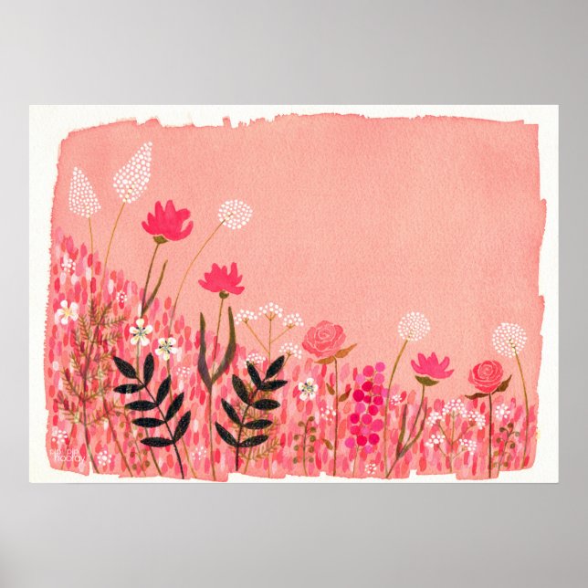 Sunset Pink Wild Field Artist Watercolor Painting Poster (Front)