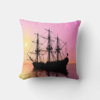 Sunset, pirate ship in quiet waters. cushion
