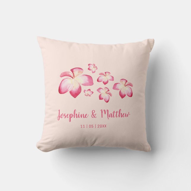 Sunset Plumeria Pink Watercolor Wedding Cushion (Front)