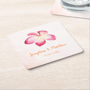 Sunset Plumeria Pink Watercolor Wedding Square Paper Coaster