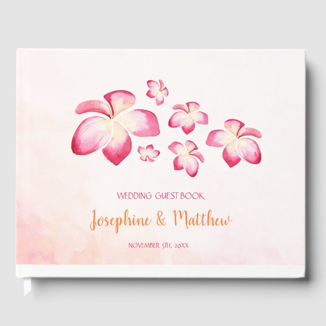 Sunset Plumeria Watercolor Wedding Guest Book (Front)