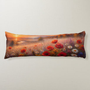 Sunset Poppy Field Impressionist Painting Body Cushion