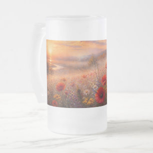 Sunset Poppy Field Impressionist Painting Frosted Glass Beer Mug