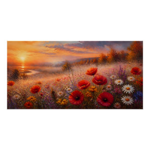 Sunset Poppy Field Impressionist Painting Poster