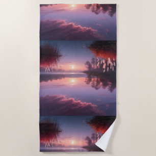 Sunset Purple Lake Landscape Three Beach Towel