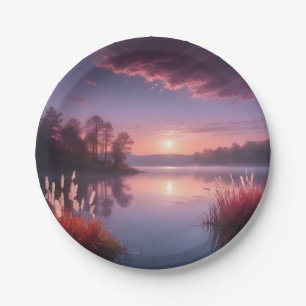 Sunset Purple Lake Landscape Three Paper Plate