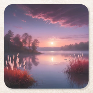 Sunset Purple Lake Landscape Three Square Paper Coaster