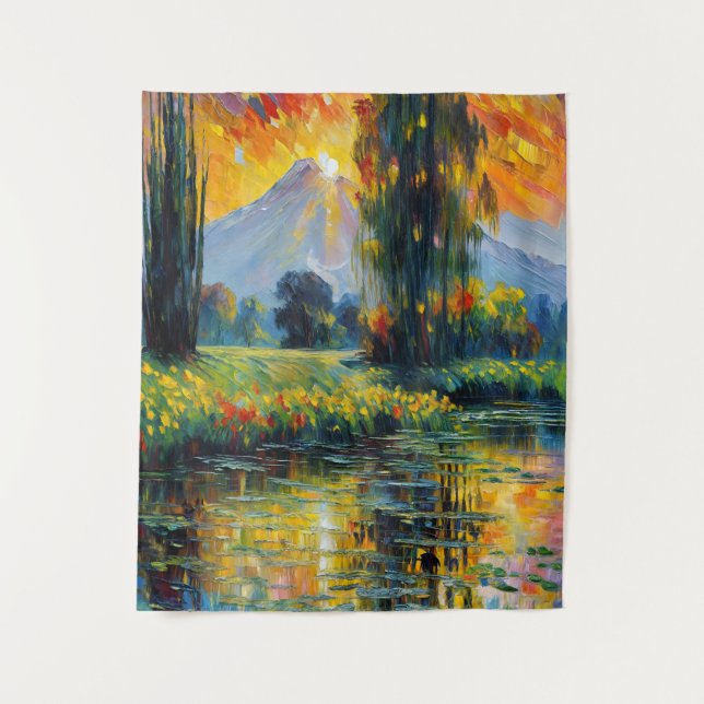 Sunset Reflection Vibrant Landscape Impressionism Tapestry (Front)