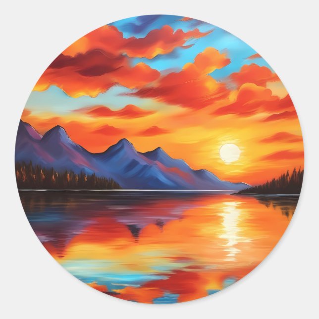 Sunset Reflections and mountains Classic Round Sticker (Front)