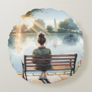 Sunset Reflections Lake Scene Round Cushion