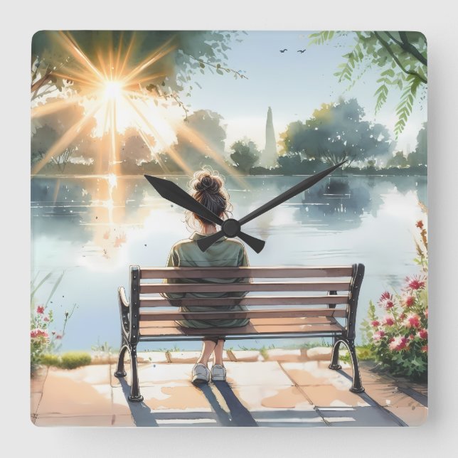 Sunset Reflections Lake Scene Square Wall Clock (Front)