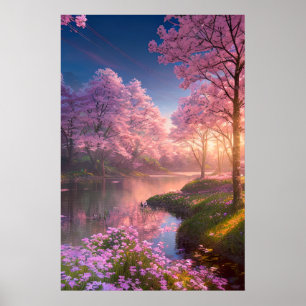 Sunset Reflections on a Cherry Blossom River Poster