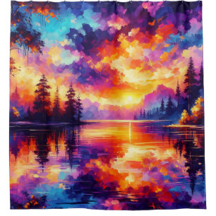 “Sunset Reflections: Serene Lake Landscape” Shower Curtain