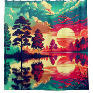 “Sunset Reflections - Vibrant Landscape Art” Shower Curtain