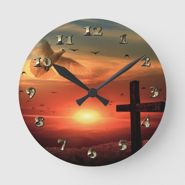 Sunset Resurrection Dove and Cross Round Clock (Front)