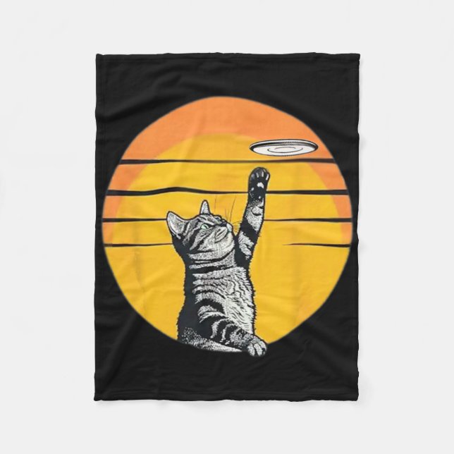 Sunset Retro Cute Tabby Cat Reaching For A Flying  Fleece Blanket (Front)