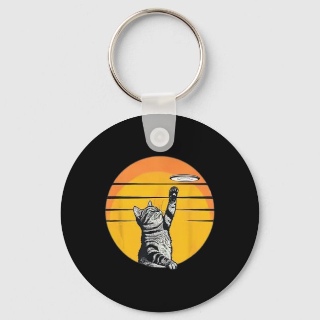 Sunset Retro Cute Tabby Cat Reaching For A Flying  Key Ring (Front)