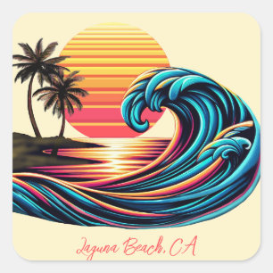 Sunset Retro Surf Wave Square Sticker