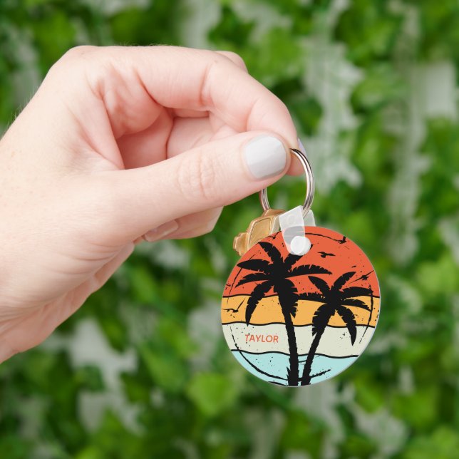 Sunset Retro Vintage Beach Palm Tree  Key Ring (Hand)
