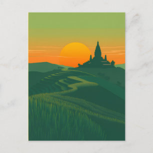 Sunset Rice Terraces and Temple Vintage Landscape Postcard