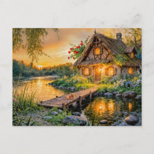 Sunset River Cottage with Dog on Bridge and Flower Postcard