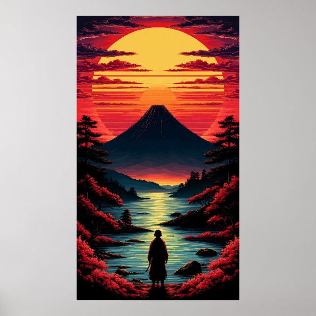 Sunset River With Volcano Poster (Front)