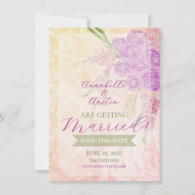 Sunset Rose blush sheer bow Bouquet  Invitation (Front)