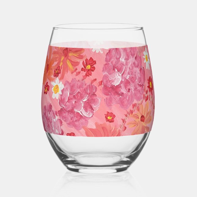 Sunset Rose Floral  Stemless Wine Glass (Front)