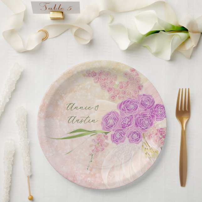 Sunset rose hand painted  Blush bow Bouquet  Paper Plate (Wedding)