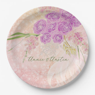 Sunset rose hand painted  Blush bow Bouquet  Paper Plate